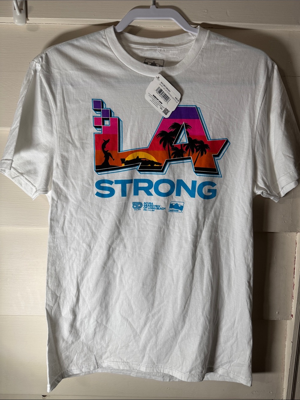 LA Strong White Graphic Tee with Sunset Print